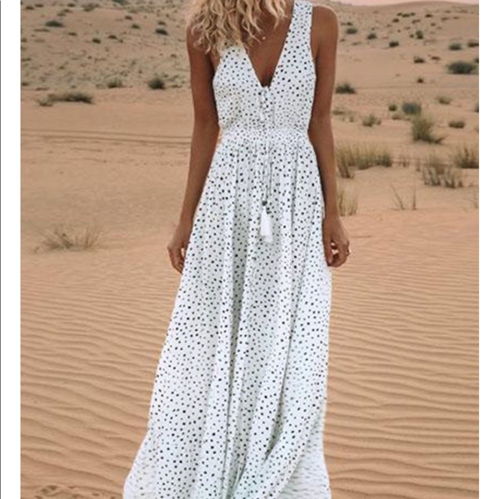 V Neck Dot Printed Maxi